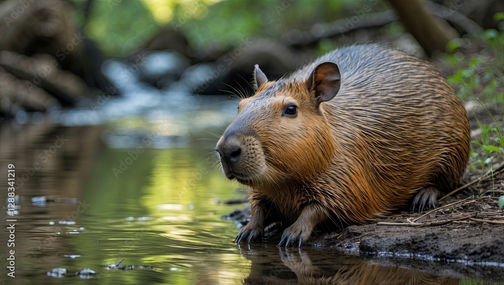 Poster a close-up of a large rodent resting by a tranquil stream in a lush forest, showcasing its unique sp
