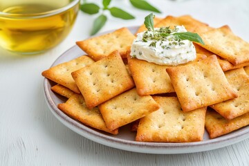 Golden crackers with creamy dip and herbs on a plate.