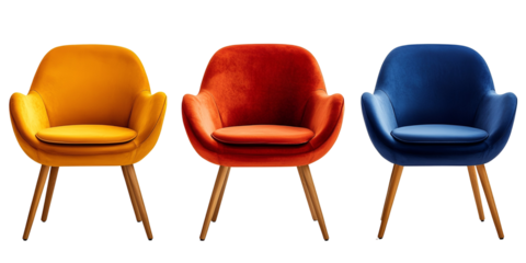 set of three modern chairs in different colors