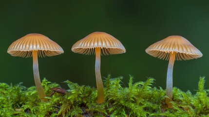 Detailed shot of Mycena inclinata mushrooms with delicate stems and umbrella-like caps, growing in the wild.