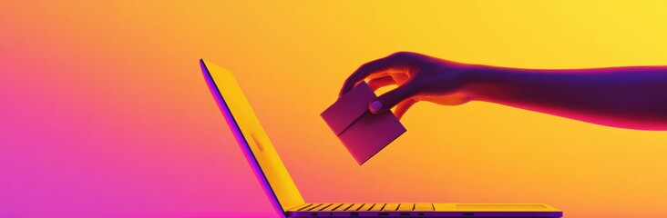 E-commerce action hand picking package from laptop screen digital workspace modern environment close-up view online shopping concept