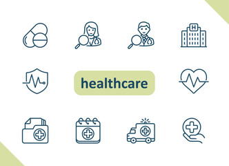 Healthcare icons. Health care, hospital, medical vector icon set