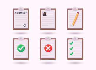 Clipboard icons with blank sheet of paper.  Render of clipboard with 3d document for notes, contracts, schedule, work planning. 3D Web Vector Illustration.