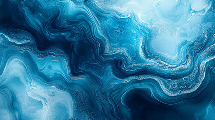 Naklejka premium Abstract close-up of swirling blue and turquoise liquid textures, creating a dynamic and fluid pattern that symbolizes motion, water, and artistic creativity