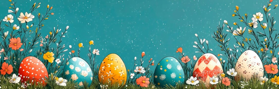 Vibrant decorated eggs rest among blooming flowers, Easter egg hunt banner