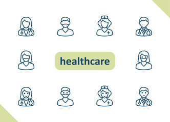 Healthcare people icons. Health care, staff, doctor, patient, nurse, pharmacist, dentist vector icon set