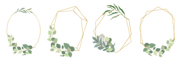 Set of golden geometric frames different shapes with eucalyptus leaves. Trendy Greenery botanical design for wedding, birthday, save the date cards. Vector illustrations isolated © Creative_Juice_Art