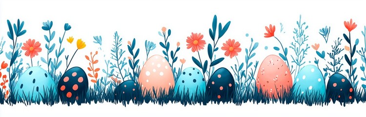 Easter eggs sit nestled among lively flowers, Easter festival website banner