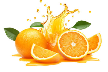 Fresh Orange Fruit with Splashing Juice and Green Leaves on Transparent Background, PNG