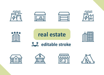 Real estate icons. House, buildings, home vector icon set