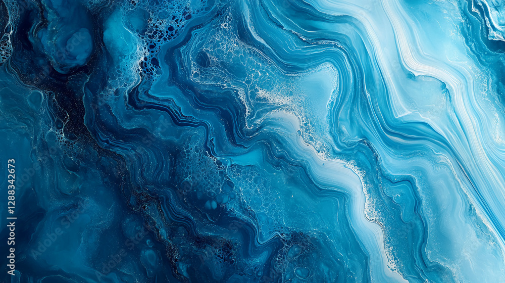 Poster abstract fluid art of swirling blue, turquoise, and white liquid, creating dynamic wave-like pattern