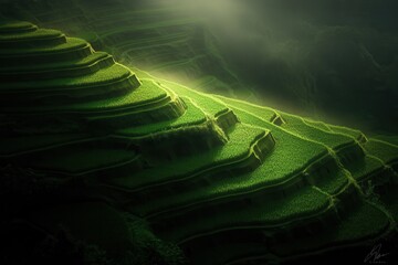 Naklejka premium Lush Green Terraced Rice Paddies Illuminated By Light