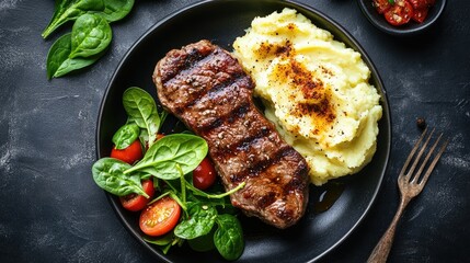 Flat lay of a classic grilled pork steak meal, featuring a delicious spicy marinade, smooth mashed potatoes, and a crisp spinach tomato salad.