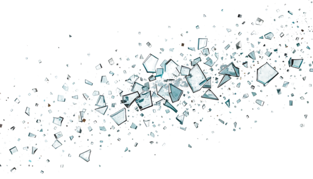 Shattered glass pieces scattered in mid-air against png