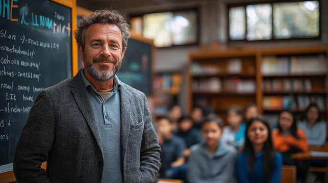 Confident Male Teacher in a Classroom with Students – English Language Day, Education, and Academic Excellence in Warm Earthy Tones - Powered by Adobe