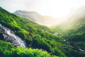 Fototapeta premium Lush Mountain Valley With Waterfall