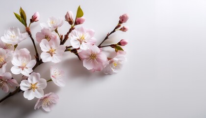 Obraz premium Single branch of cherry blossoms against a soft white or pastel flyer background, creating an elegant and simple spring design