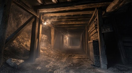 Fototapeta premium Foggy tunnel inside a deserted mine, with dust particles floating in the dim light, creating an eerie, ghostly atmosphere.
