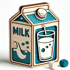 Features a milk carton illustration made from cherry wood Painte