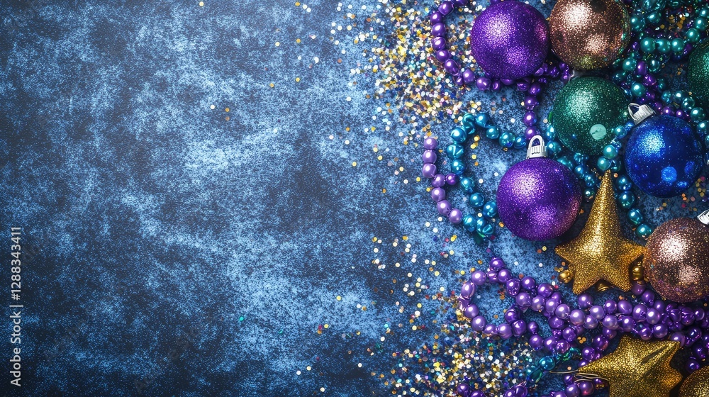 Poster close-up of colorful party beads and sparkles, arranged in a festive layout with enough space around