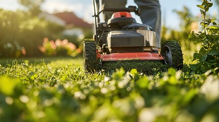 Low angle of a man cutting or trimming grass with his electric trimmer or cutter machine outdoors in his backyard on a sunny summer or spring day. House maintenance work or hobby,  activity, 8k image