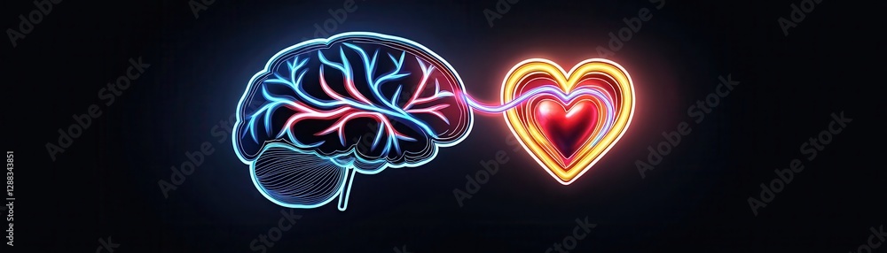 Poster a colorful illustration of a brain and heart connected by light, symbolizing the relationship betwee
