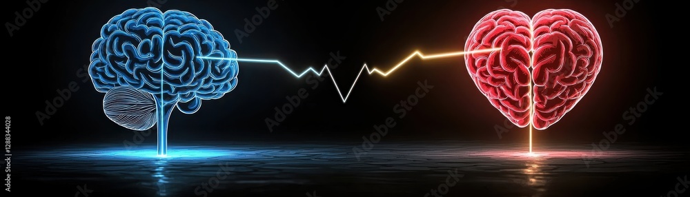 Poster a visual representation of the connection between intellect and emotion, featuring a blue brain and 