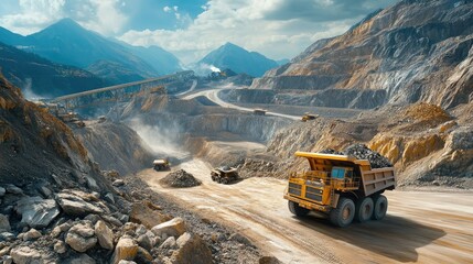 Haul truck loaded with rocks, driving through a massive open-pit mining operation, with conveyor belts and crushers in the background.