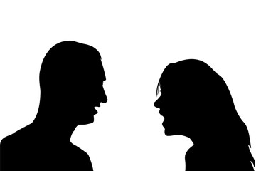 Silhouette of a female and male couple in profile yelling at each other