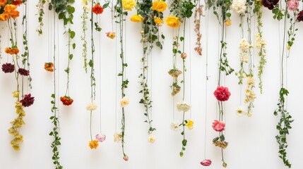 Close-up of hanging festive garlands made of fresh flowers, with space around the decorations for copy or branding.