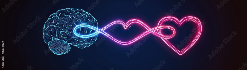 Poster a digital illustration depicting a brain intertwined with a continuous heart symbol, representing th