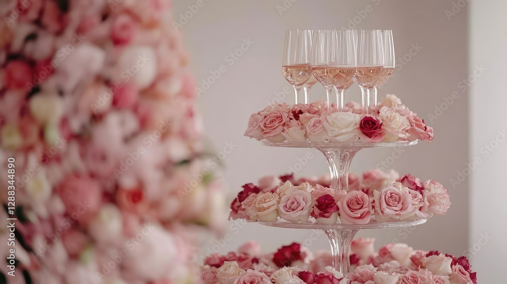Poster close-up of neatly stacked champagne glasses and sparkling table dcor set up for a corporate event, 