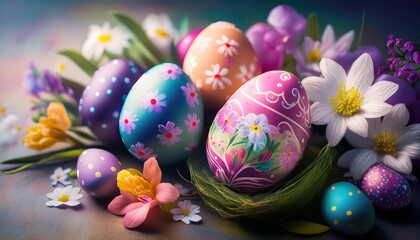 Obraz premium Happy Easter Greeting with Colorful Decorated Eggs and Spring Flowers