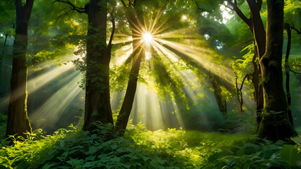 Obraz premium morning in the forest, morning in the forest, sun rays in the forest, sunlight in the forest
