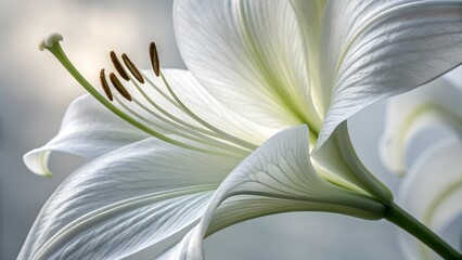 Whispers of Purity: A delicate white lily unfolds, its pristine petals reaching towards the light in a captivating close-up, conveying a sense of serenity and natural grace.