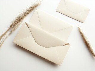 Elegant ivory envelopes with delicate dried grasses on white surface