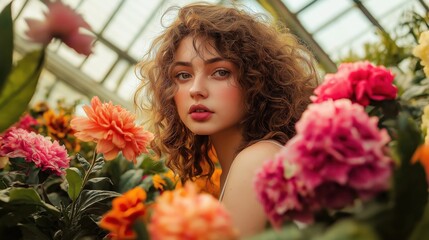 Naklejka premium young woman with curly brown hair, looking directly at the camera, standing amidst a vibrant array of colorful flowers in a greenhouse setting; the image is filled with soft, warm light and rich, 