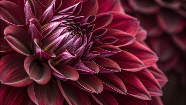 Crimson Dahlia Close-Up: Intricate layers of a deep crimson dahlia unfold in a mesmerizing close-up, revealing a rich texture and a captivating play of light and shadow.