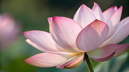 Obraz premium Lotus Blossom in Sunlight: Delicate pink and white lotus flower, illuminated by soft sunlight, showcasing its intricate petal details and serene beauty. 