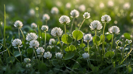 green grass and flowers, grass and flowers, green grass in the morning, green grass with dew drops, white flowers in the grass, spring flowers in the grass