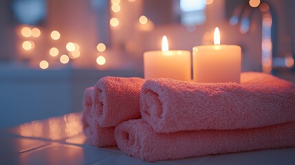Pink towels and candles in a spa-like bathroom at night