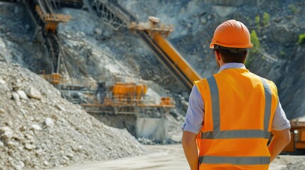 Large-scale stone crushing operation, featuring an engineer supervising quarry activities, including the belt conveyor system.
