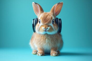 Fototapeta premium Rabbit wearing headphones sitting against a vibrant teal studio backdrop