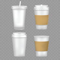 Blank Disposable Coffee Cups Set Mockup. Vector