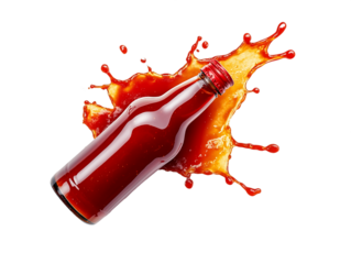 A glass bottle of barbecue sauce is surrounded by a splash of sauce on a Transparent Background, PNG