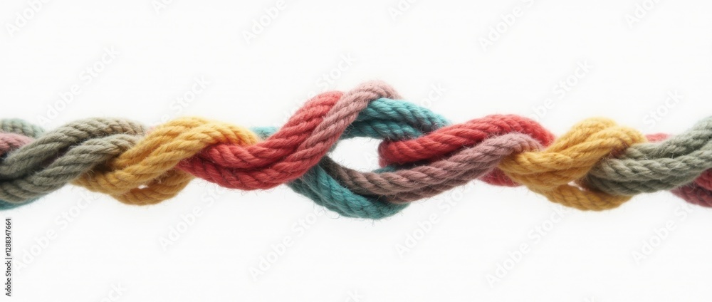 Poster Colorful ropes intertwine in a vibrant display of unity, showcasing unique textures and hues against a pure white background, capturing the essence of creativity and craftsmanship