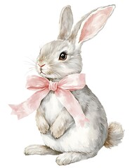 there is a watercolor painting of a rabbit with a pink bow