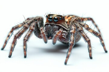 Fototapeta premium Jumping Spider Close-up on White Background. Arthropod macro detailed view