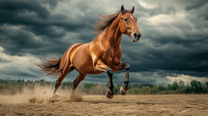 Obraz premium Chestnut horse running on sand under stormy sky, displaying strength and speed. Equestrian freedom and wild nature concept