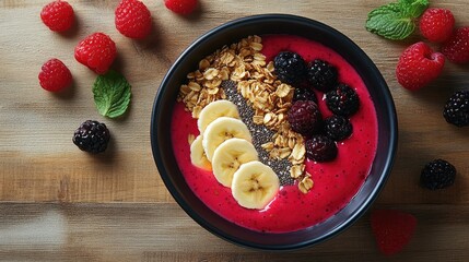 Flat lay of a smoothie bowl topped with fresh berries, granola, chia seeds, and sliced bananas, leaving clear space on a wooden table for text.